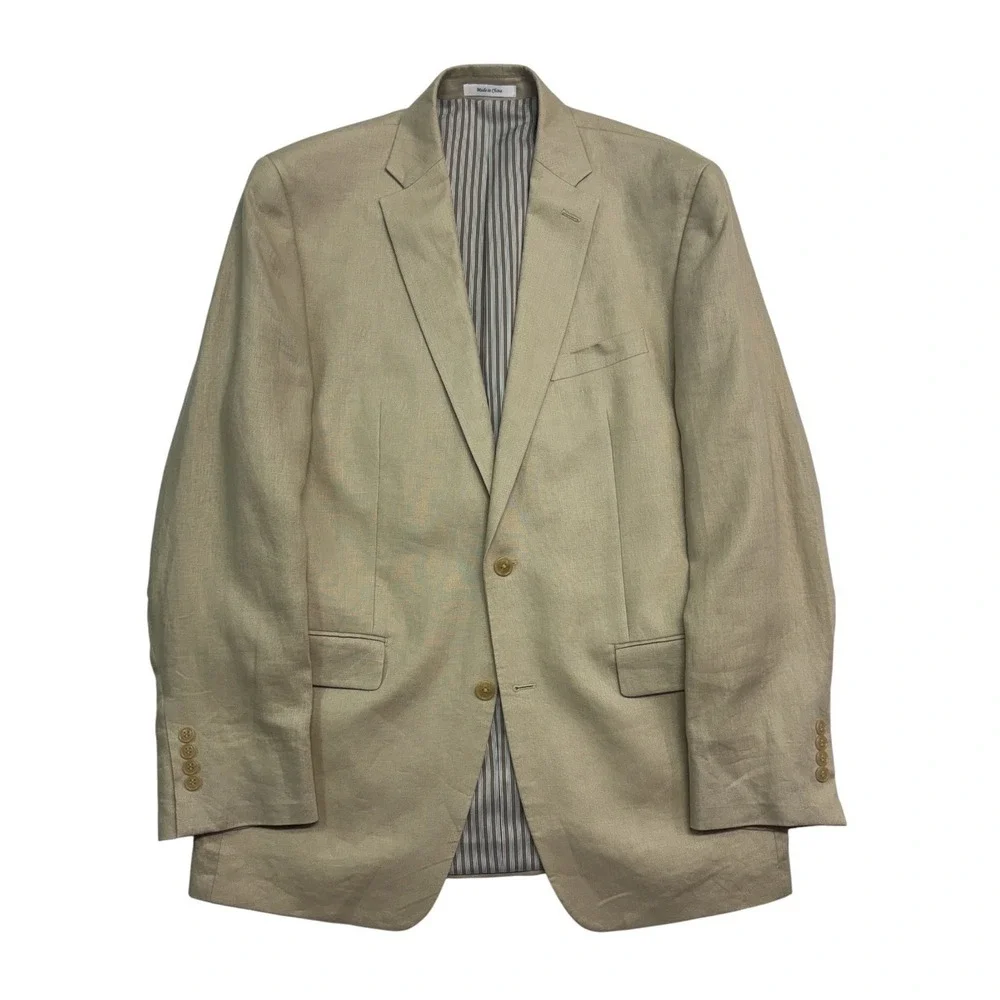 Calvin Klein 42L 34x36 Tan 2pc Pant Suit 100% Linen Lightweight Flat Front Mens